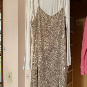 Sequin Slip Dress with White Long Sleeve Top